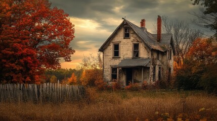 Fototapeta premium Old Farmhouse in Autumn Horror Halloween Setting. AI generated illustration