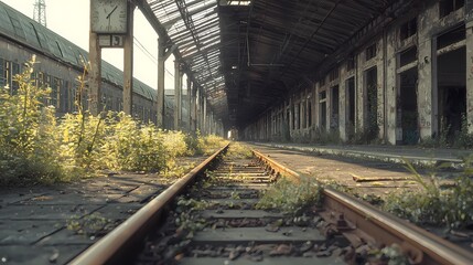 Abandoned train station with overgrown tracks and a touch of nostalgia.
