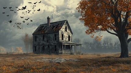 Old Farmhouse in Autumn Horror Halloween Setting. AI generated illustration
