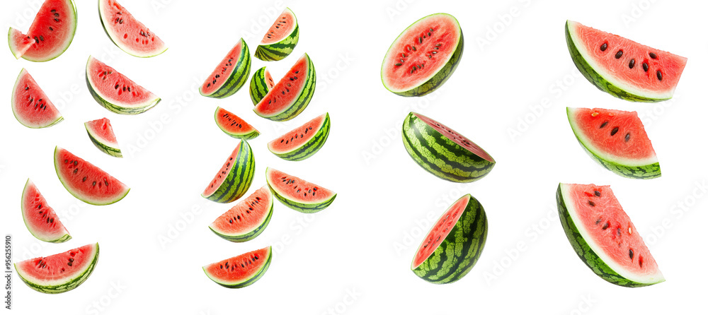 Poster isolated fall of watermelon with full depth of field on a white background