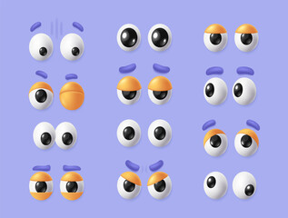 Set of 3D eyes. Cartoon eyeballs emoji with eyebrows and eyelids expressing different emotions. Funny eyesight pair. Design for social networks. Realistic vector illustration isolated on background