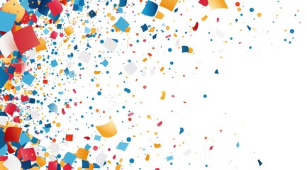 Abstract business card template with colorful patterns of flying multicolored stickers leaving plenty of free space for information on a white background.