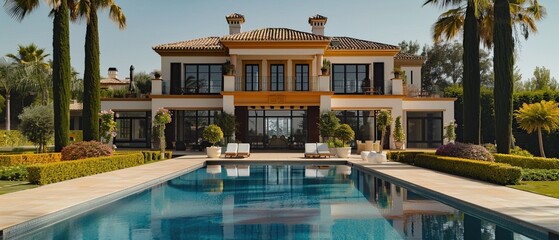Large luxury villa with a blank banner in the foreground