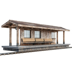 A rustic wooden train station with benches, perfect for travel-themed designs or historical contexts.