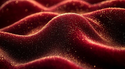 Obraz premium Red Velvet Texture: A close-up, abstract macro shot of luxurious red velvet fabric, its soft, plush surface illuminated by warm light, creating a captivating interplay of shadows and textures. The vel