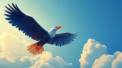 A majestic eagle soaring through a bright blue sky adorned with fluffy clouds, symbolizing freedom and strength.