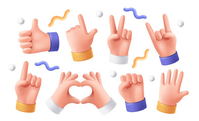 3d hand gestures icon set. Funny arm expressing different emotions. Thumbs up, palm, peace sign and heart. Design Elements for Social Media. Realistic vector illustration isolated on background