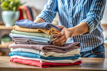Woman Folding Clothes,  Stack Of Clothes, Neatly Folded Clothes, Folding Laundry, Clothes On Table.