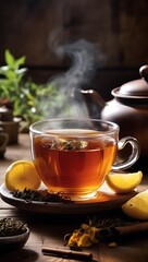 Aromatic tea in cup, Green green, leaves