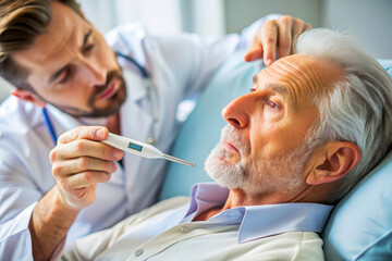 Fototapeta premium Doctor Taking The Temperature Of A Sick Patient. Medical Checkup, Healthcare. 