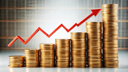 Gold Coins Stacked In An Upward Trend With A Red Arrow Pointing Upwards.  Financial Growth And Success Concept.