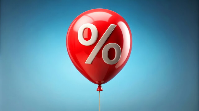 Red Balloon With White Percentage Symbol On Blue Background. Sale, Discount, Promotion Concept. 3D Illustration.