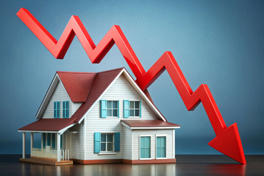 House Prices Are Falling.  Red Arrow Pointing Downwards Next To A House.  Real Estate Market Decline.  Financial Crisis Concept.