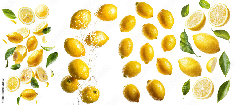Poster the falling lemon is isolated on a white background, with full depth of field