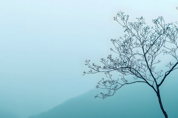 Solitary tree silhouette against a misty, ethereal blue mountain backdrop.