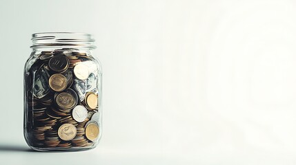 Glass Jar Filled with Coins and Banknotes on White Background