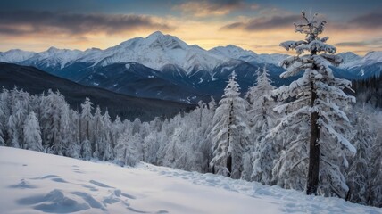 Snowy mountain panorama in a winter forest landscape