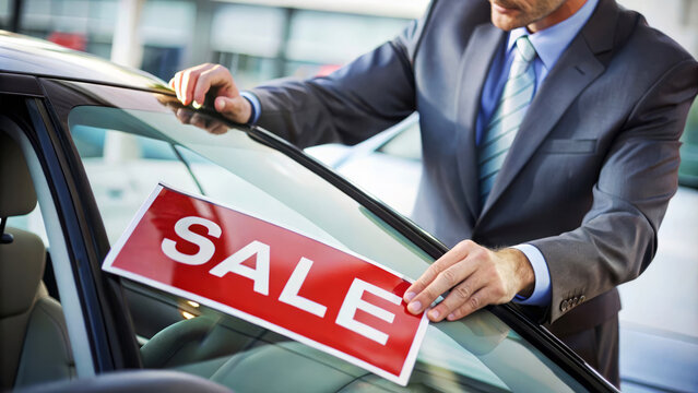 Man in suit puts "sale" sign on car window.  new car dealership promotion.  auto sales.  used car lot.  car for sale.  great deal.  buy now.