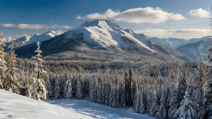  Snowy mountain panorama in a winter forest landscape
