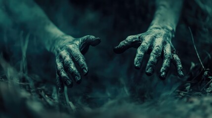 Ghostly Hands Reaching Out from the Ground, Trying to Escape the Spirit World. Halloween Concept. AI generated illustration