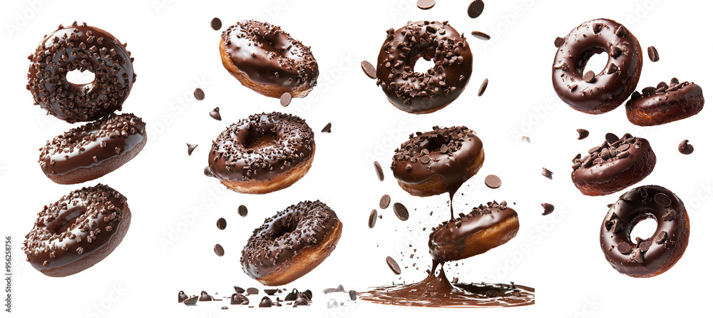 Poster donut falling from a height on a white background, full depth of field