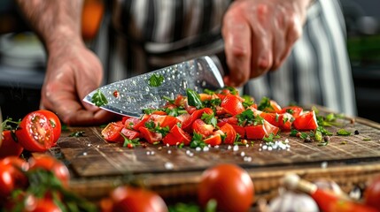 Detailed view of a chef's hands cutting fresh vegetables such as carrots and peppers on a wooden cutting board, highlighting the natural and organic aspect of food preparation.