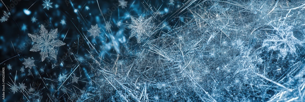 Poster delicate snowflakes drift elegantly across a serene, dark blue backdrop, creating an enchanting wint