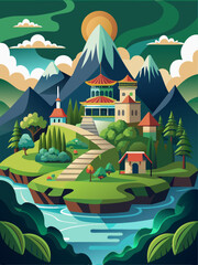 Mountainous Landscape with a Pagoda and River