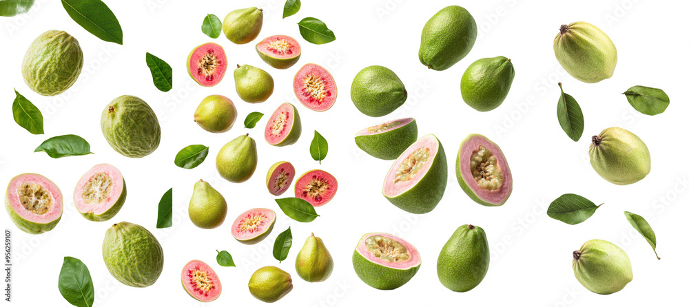 Aufkleber full depth of field of falling guava isolated on white