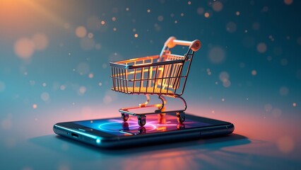 Smartphone Shopping Cart - Mobile E-commerce Convenience, A small shopping cart glows on a smartphone screen against a cool blue background. This image symbolizes online shopping and digital commerce.