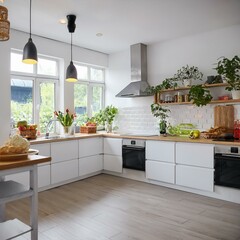 The general plan of a light white modern rustic kitchen with a modular metal staircase decorated with potted plants. Interior of a house with homeplants