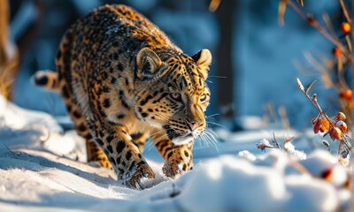 Amur Leopard in Vibrant Sunset Light