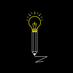 Pencils and light bulb, concept of idea. Creative splash pencil and bulb icon isolated on black background.
