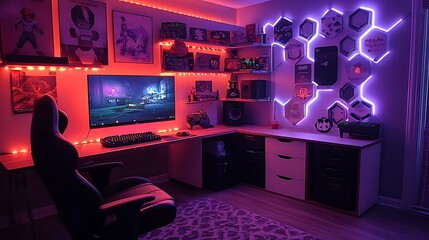 A classic gamer’s den, with walls adorned with retro gaming posters, shelves filled with vintage consoles, and a comfortable leather armchair, featuring a wooden gaming desk and warm,