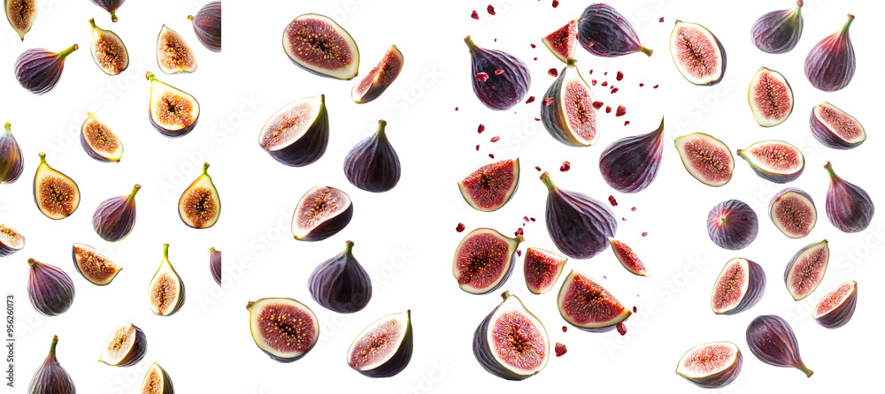 Poster this is a full depth of field image of a falling fig isolated onto a white background