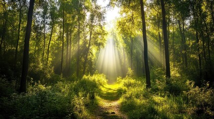 Obraz premium Sunbeams Through the Forest
