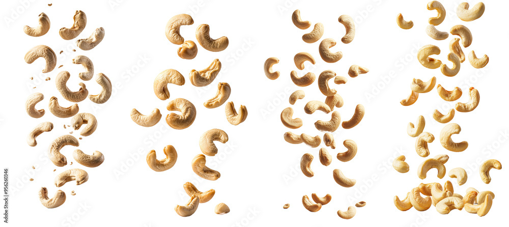 Poster full depth of field image of an isolated falling cashew nut on a white background