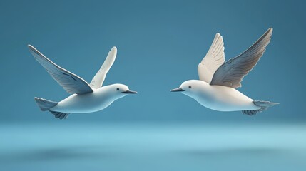 Obraz premium Two graceful birds in mid-flight against a serene blue background, capturing the beauty of nature and freedom.