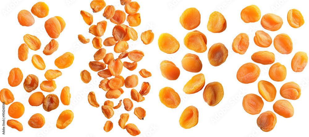 Poster an apricot falling from the sky on a white background, with full depth of field