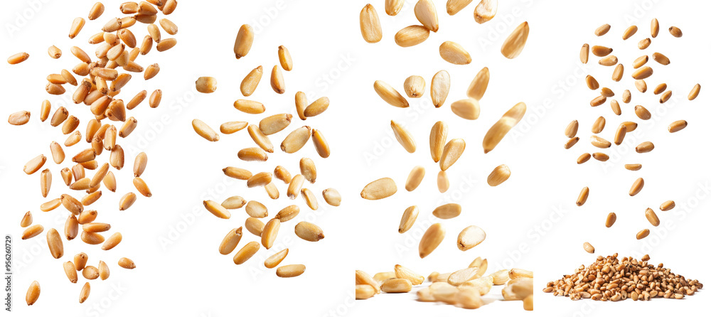 Poster full depth of field shot of falling pine nuts on white background
