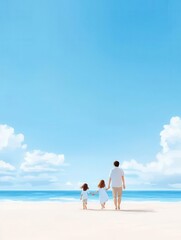 Affectionate family of three walking on the beach, joyful and carefree, lifestyle concept