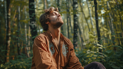 Naklejka premium Serene Man Meditating in Tranquil Forest Setting During Golden Hour, Embracing Nature's Calm.