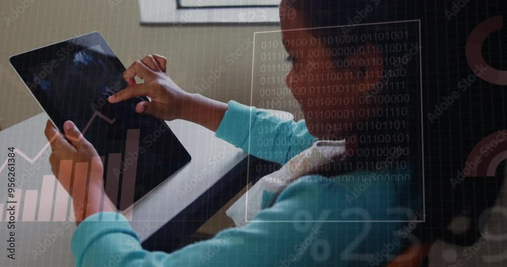 Poster interacting with tablet, child overlaid with financial data and binary code animation