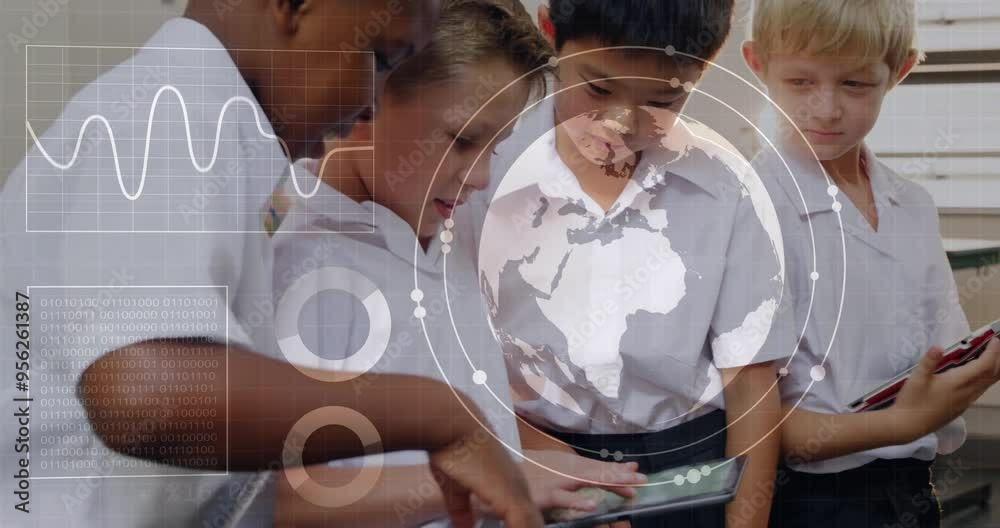 Poster children using tablets, digital world map and data processing animation over them
