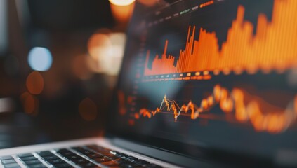 Close-up of financial growth charts on a laptop screen during a business meeting, open laptop displaying stock market data on the screen, with financial charts and graphs in orange tones