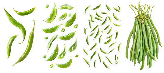 Full-depth field image of falling edamame, green beans, isolated on white