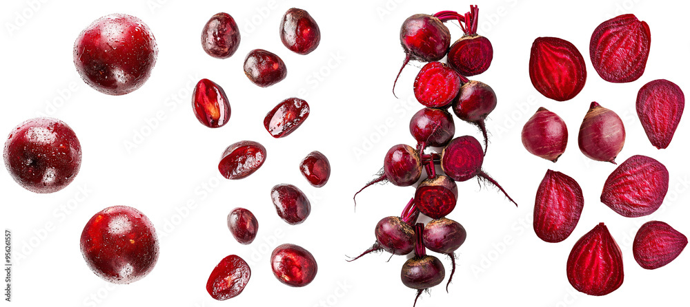 Poster Falling beetroot isolated on white background with depth of field