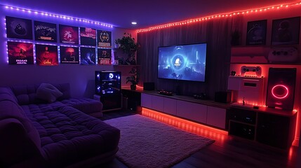 A cozy gaming room designed for retro gaming, with classic consoles neatly displayed on wooden shelves, a vintage TV, and walls covered in nostalgic gaming posters,