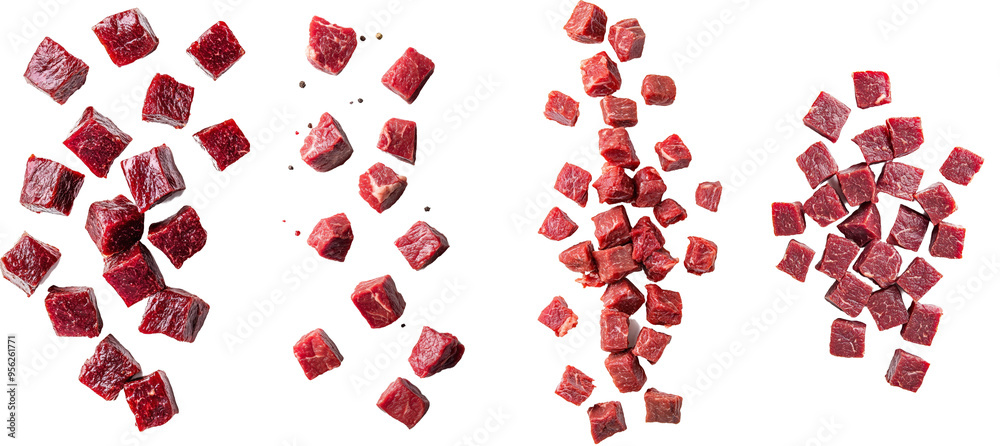 Poster full depth of field, falling beef cube on a white background