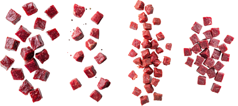 Full depth of field, falling beef cube on a white background
